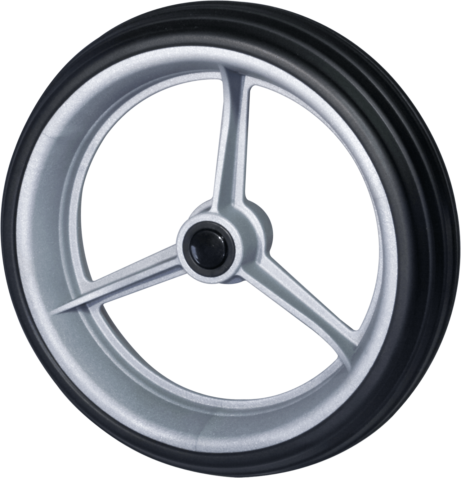 Schwarzes Golfrad mit silberner Felge, drei schmalen Speichen und einem Kugellager in der Mitte