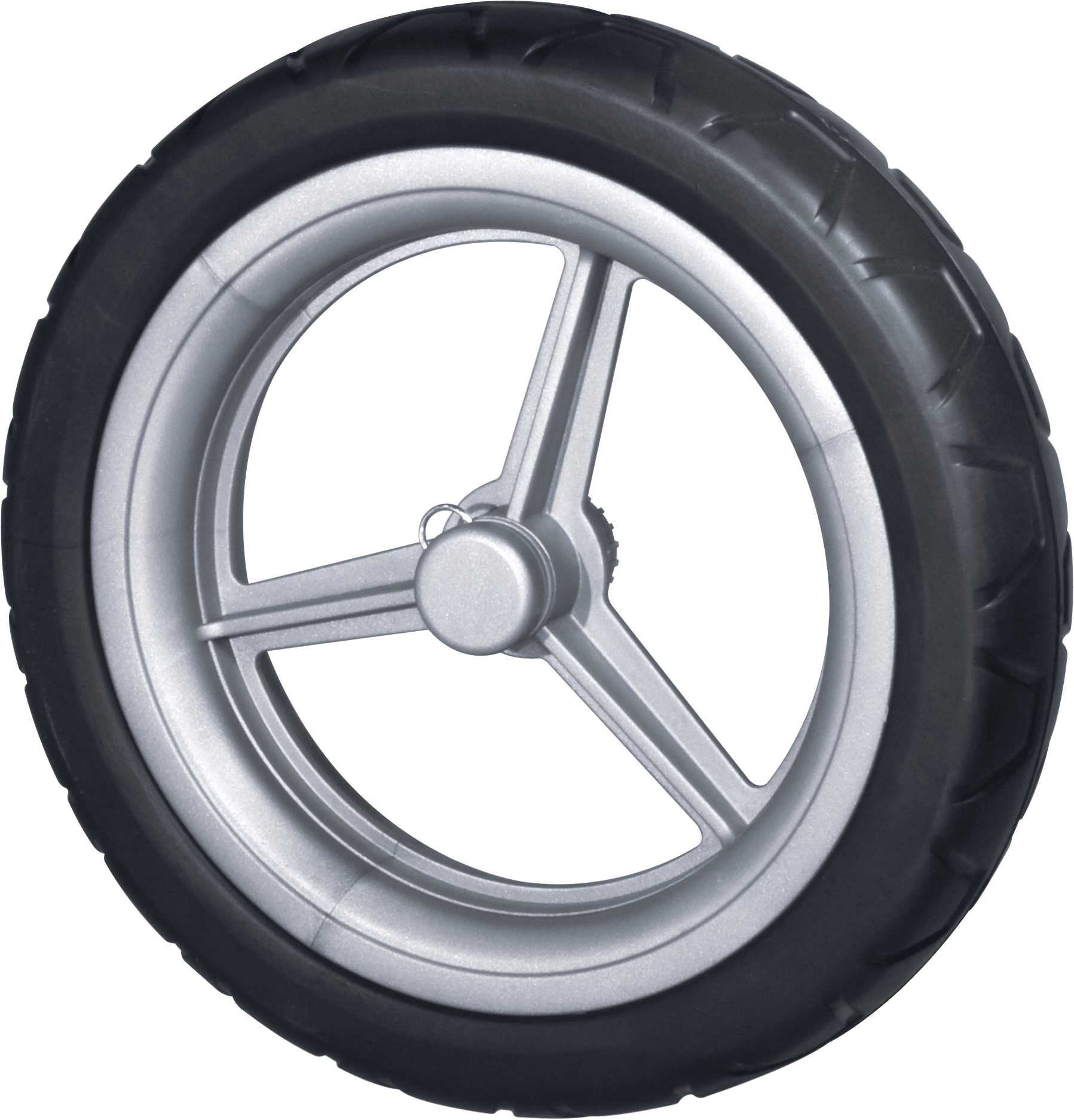 Black wheel with silver three-spoke rim and smooth tire on white background