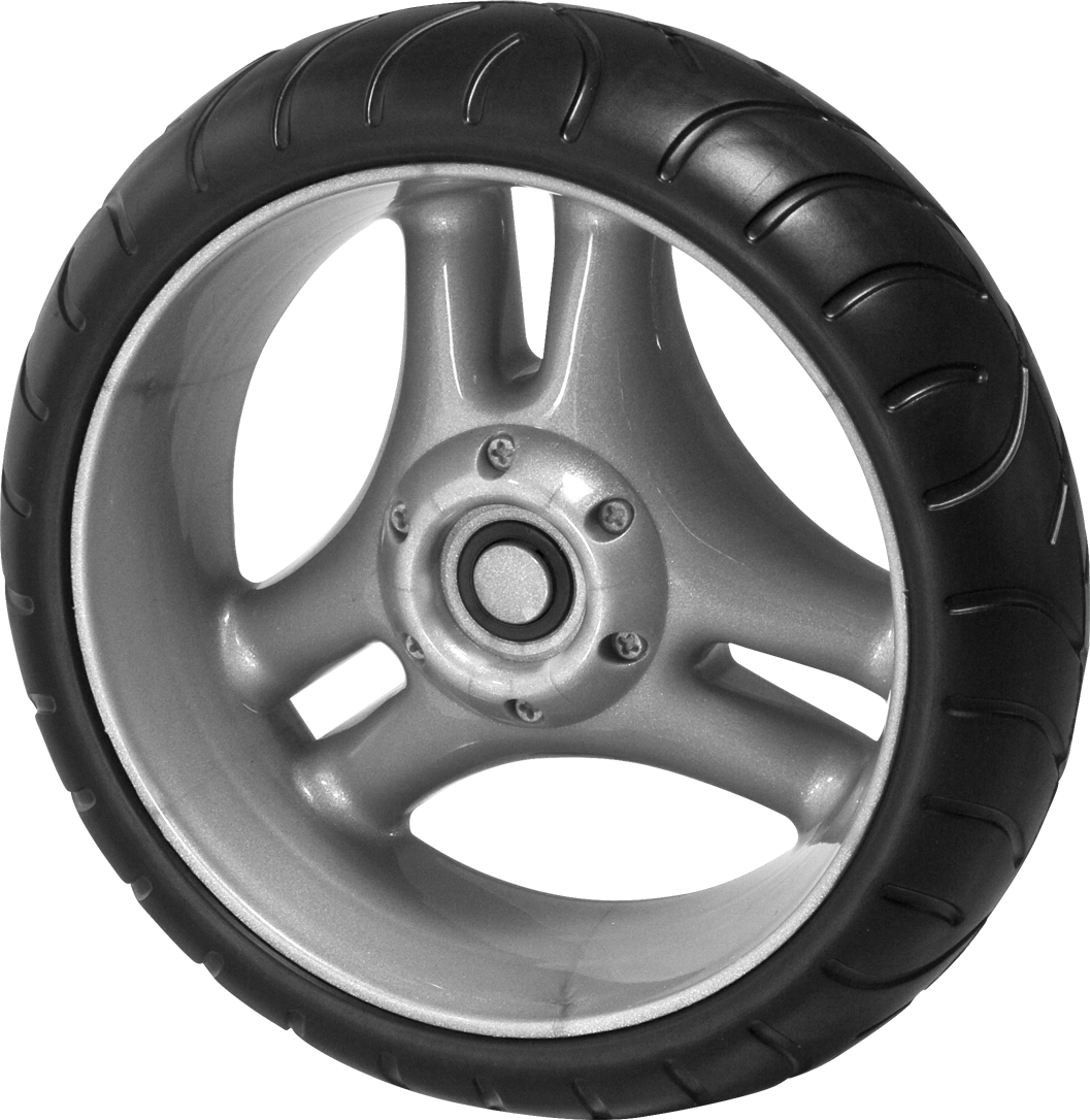 Black wheel with silver three-spoke rim and smooth tread tire on white background