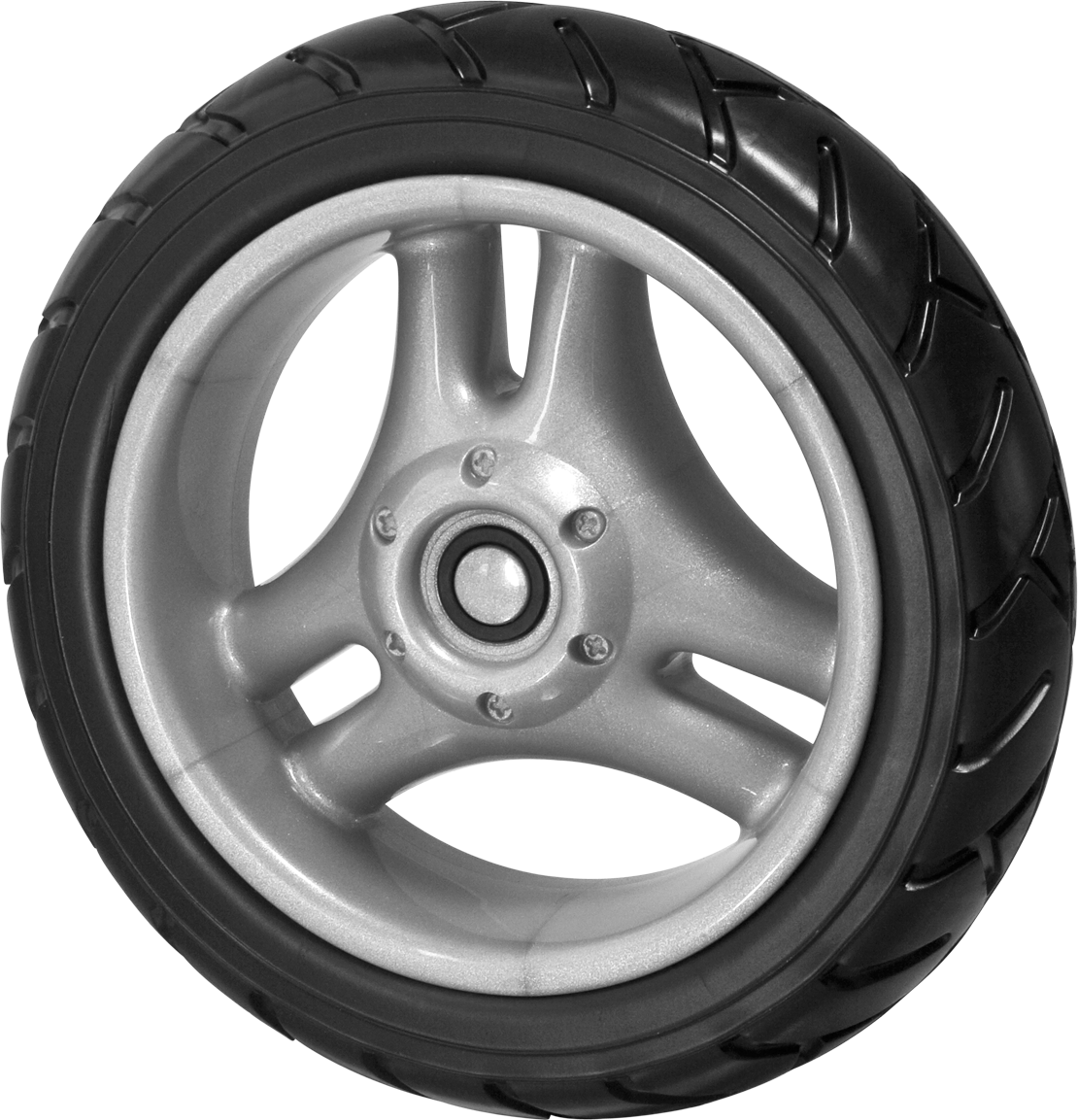 Black wheel with silver three-spoke rim and smooth tread tire on white background