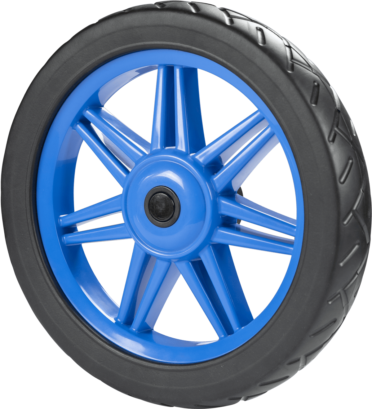 Black wheel with blue eight-spoke rim and treaded tire on white background
