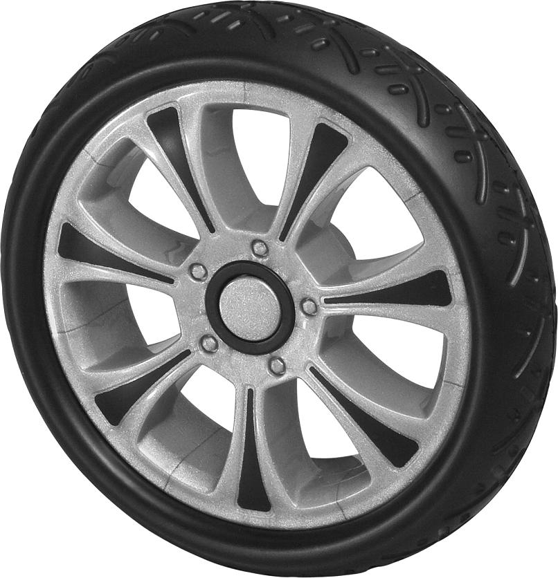 Black wheel with silver twelve-spoke rim and smooth tread tire on white background
