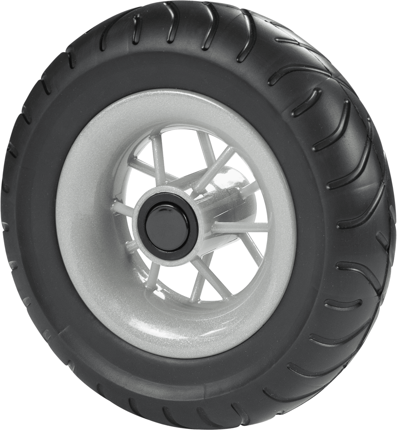Black wheel with silver spoke rim and smooth profile tire on white background