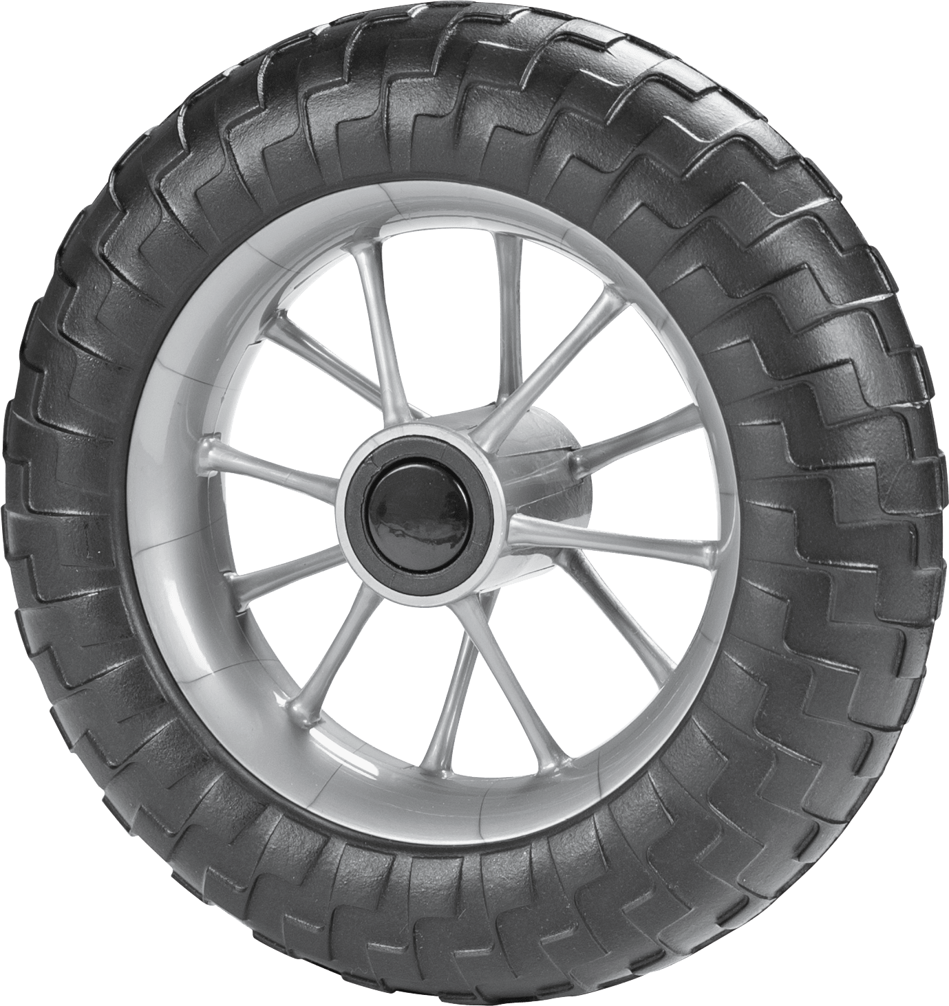 Black wheel with silver spoke rim and heavily treaded tire on white background