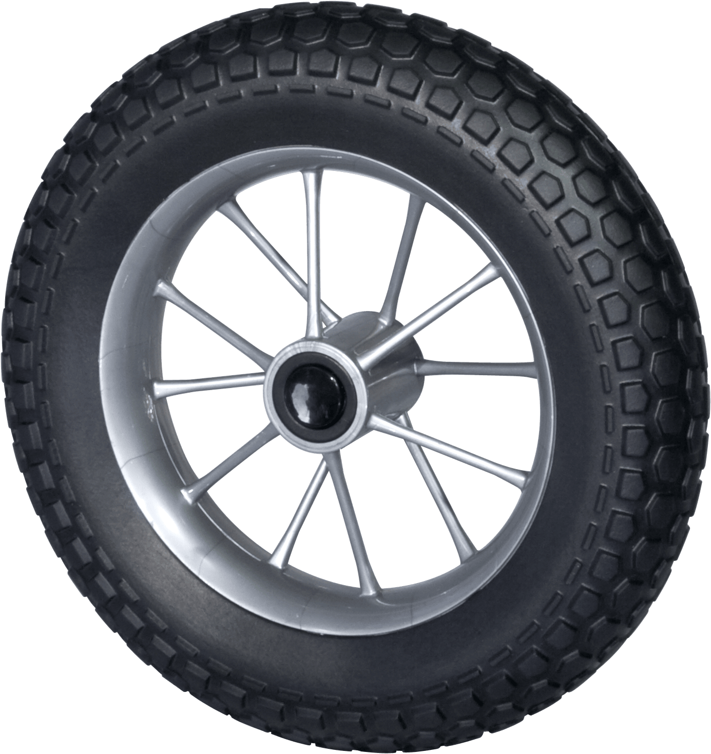 Black wheel with silver spoke rim and knobby tread tire on white background