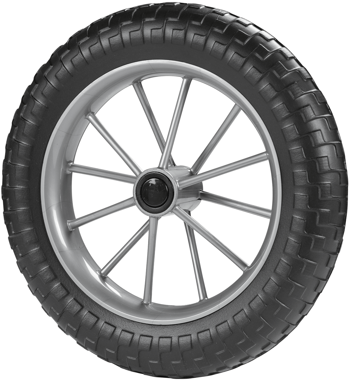 Black wheel with silver twelve-spoke rim and heavily treaded tire on white background