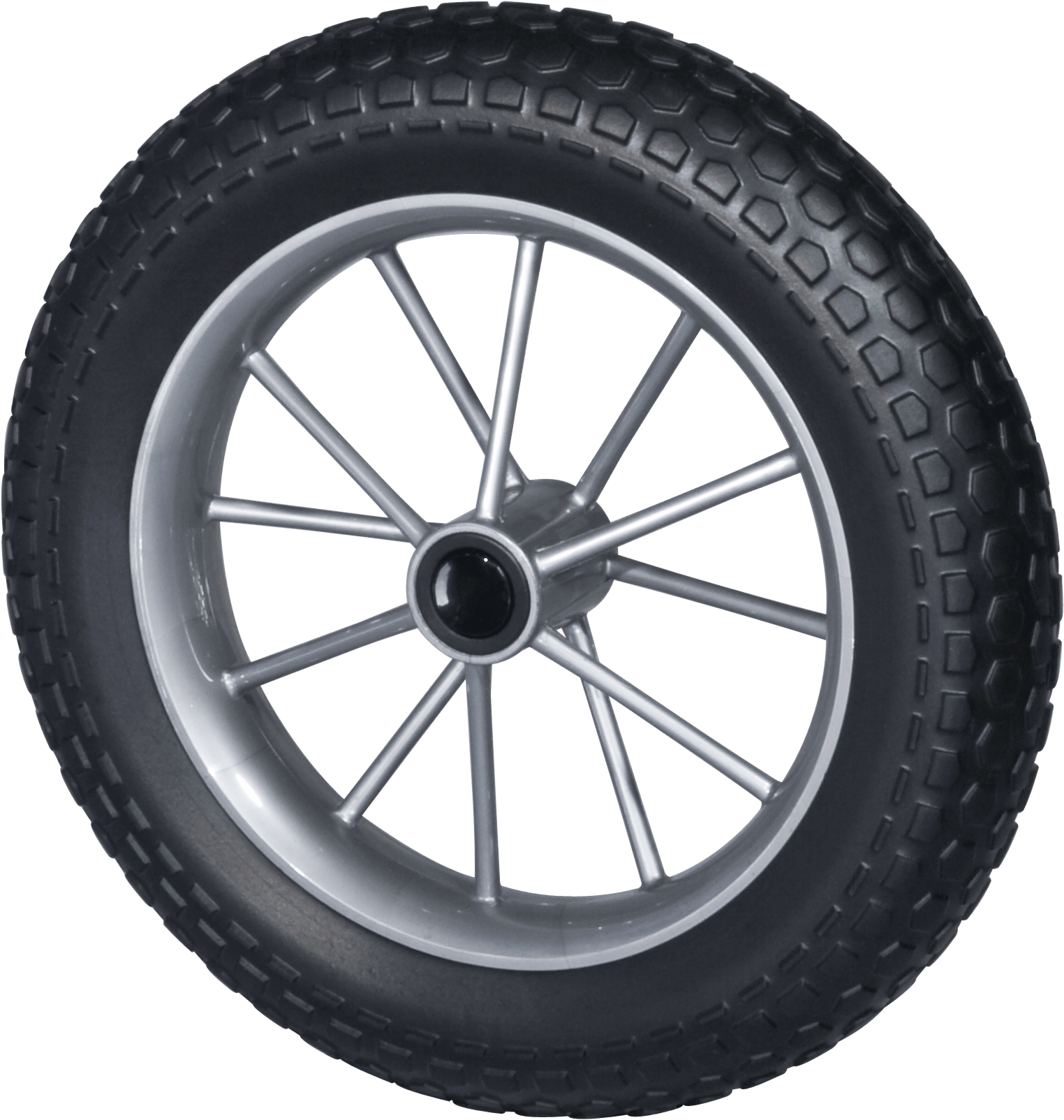 Black wheel with silver twelve-spoke rim and heavily treaded tire on white background