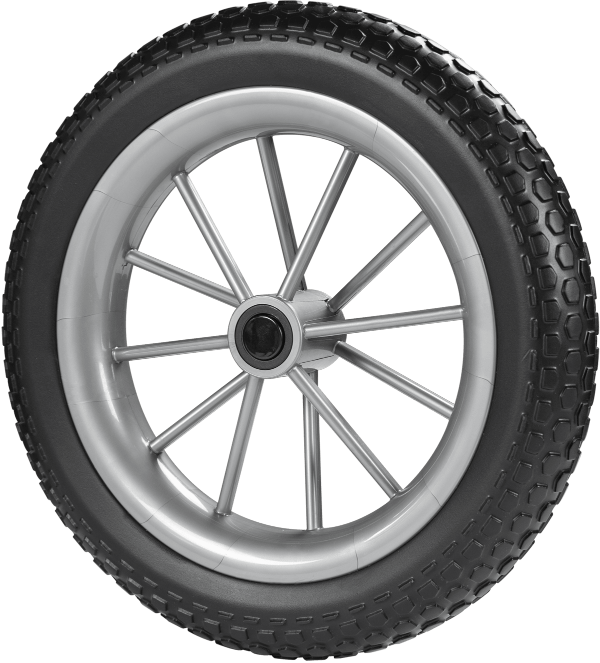 Black wheel with silver twelve-spoke rim and thick tread tire on white background