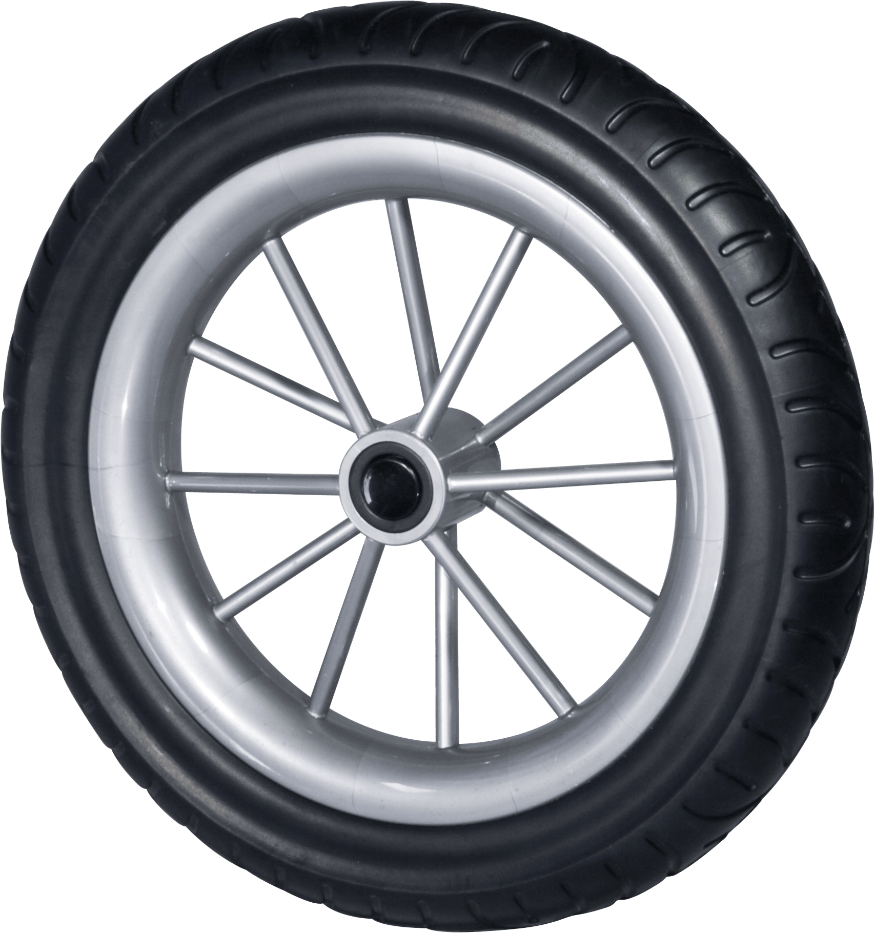 Black wheel with silver ten-spoke rim and smooth tire on white background