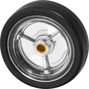 Black wheel with shiny, transparent rim and yellow hub opening on white background