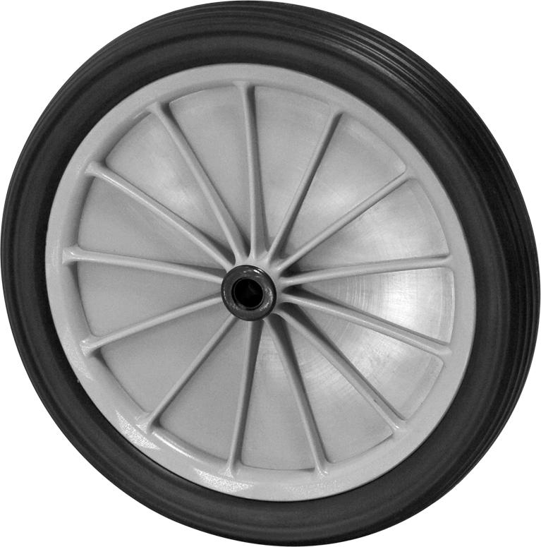 Black wheel with twelve wide spokes and black tires on a white background