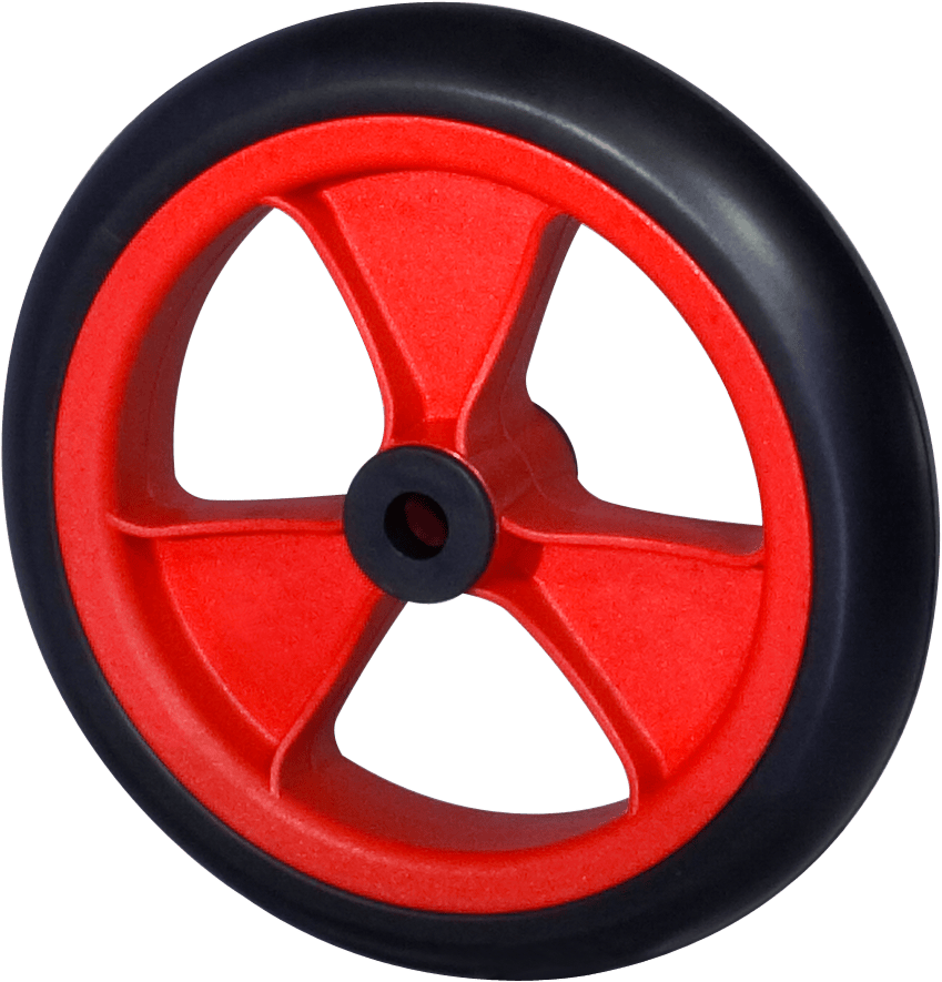 Black wheel with red three-spoke rim on white background