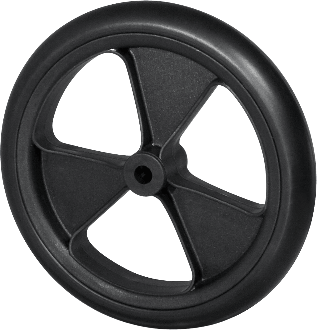 Black wheel with four spokes and smooth tread on a white background