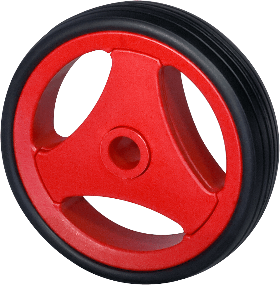 Black wheel with red three-spoke rim and smooth tread on white background