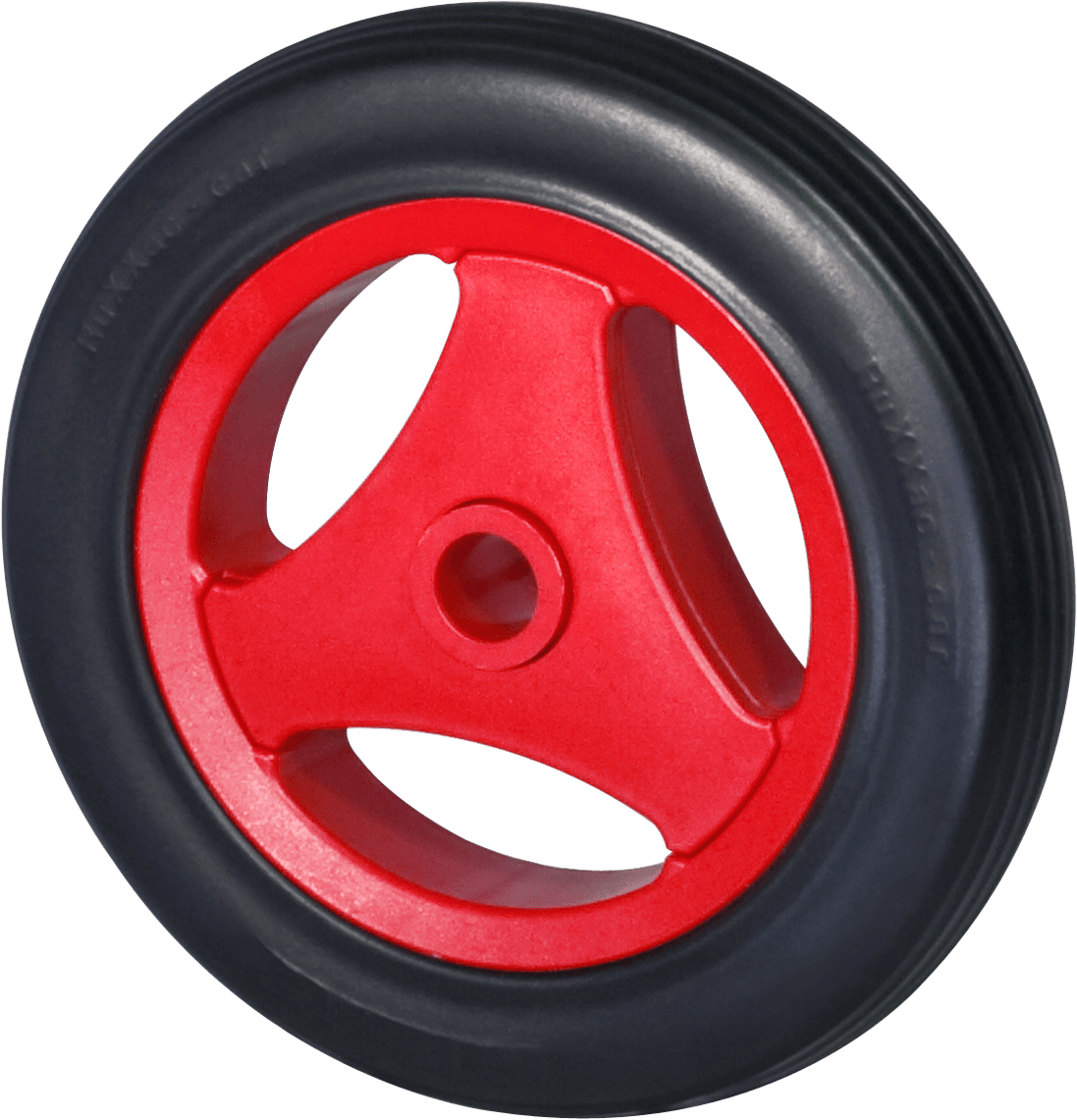 Black wheel with red three-spoke rim and smooth tread tire on white background