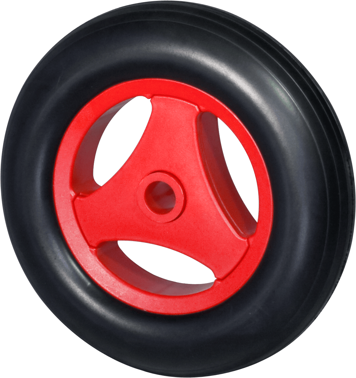 Black wheel with red three-spoke rim and smooth tread on white background