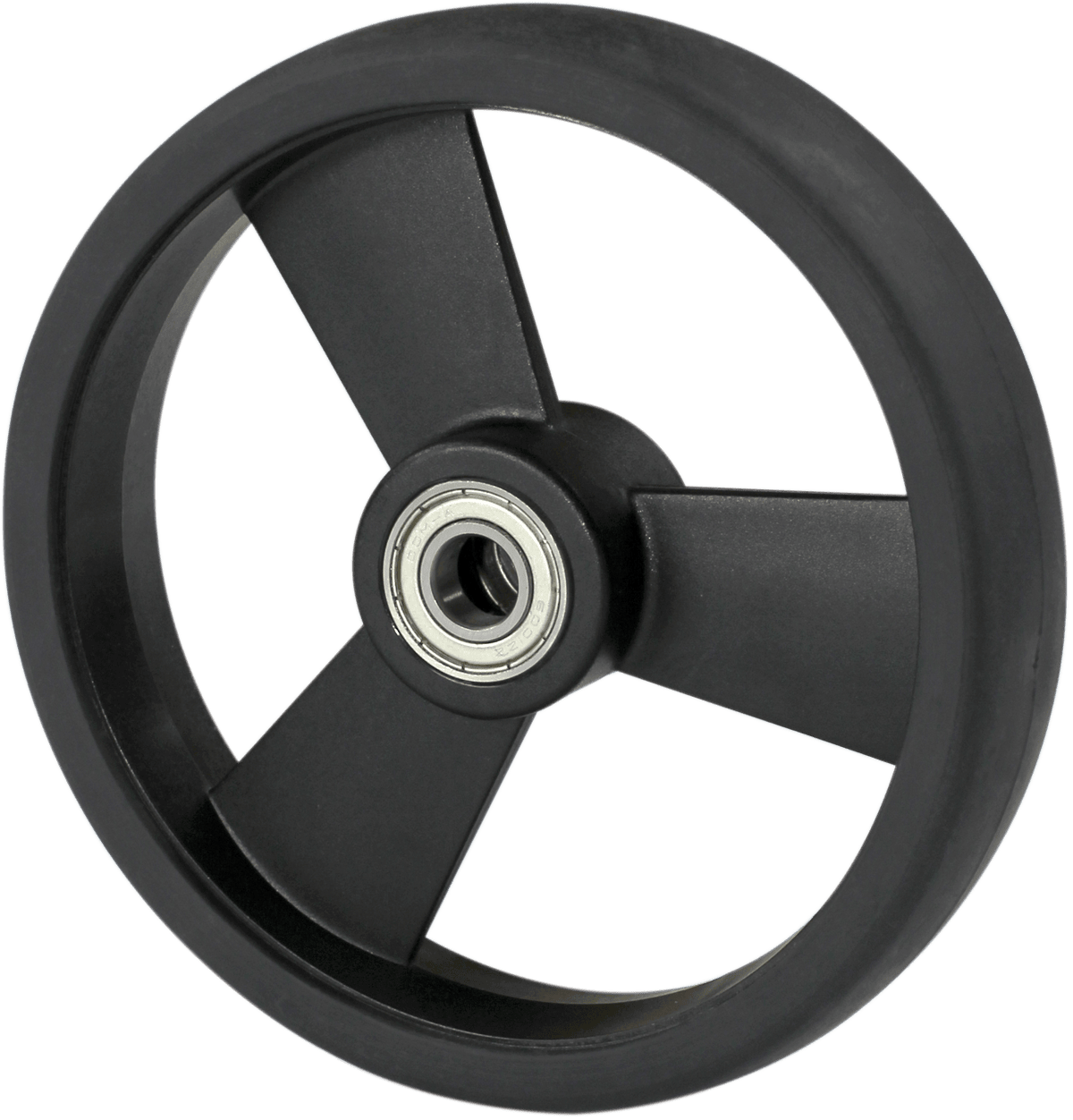 Black wheel with three spokes and visible ball bearing on white background