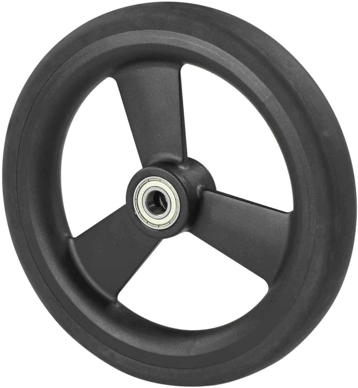 Black wheel with three spokes and visible ball bearing on white background