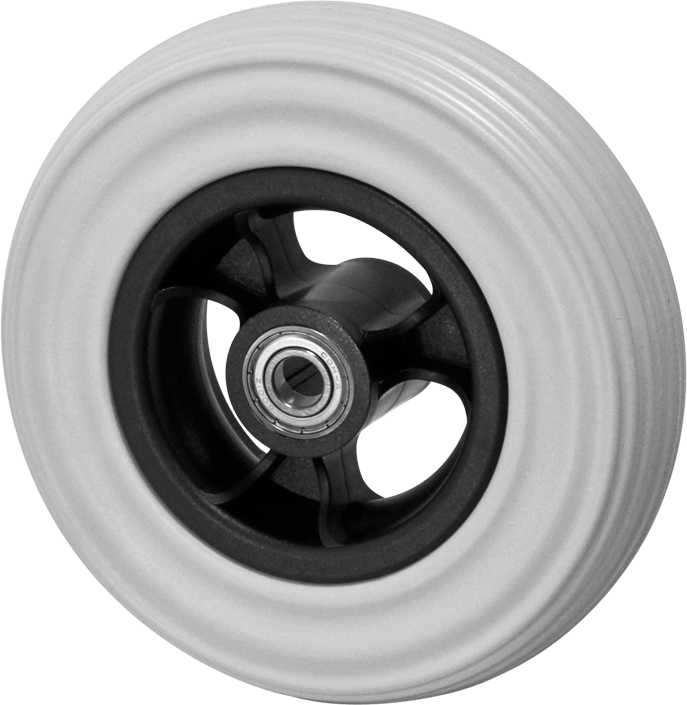 Wheel with black five-spoke rim and gray tires on a white background