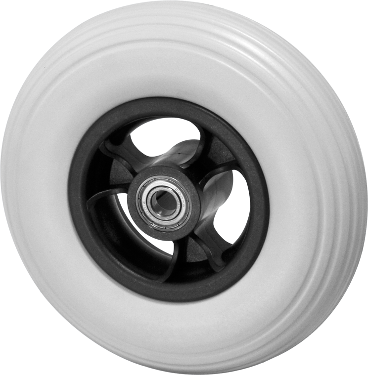 Wheel with black five-spoke rim and gray, smooth tires on a white background