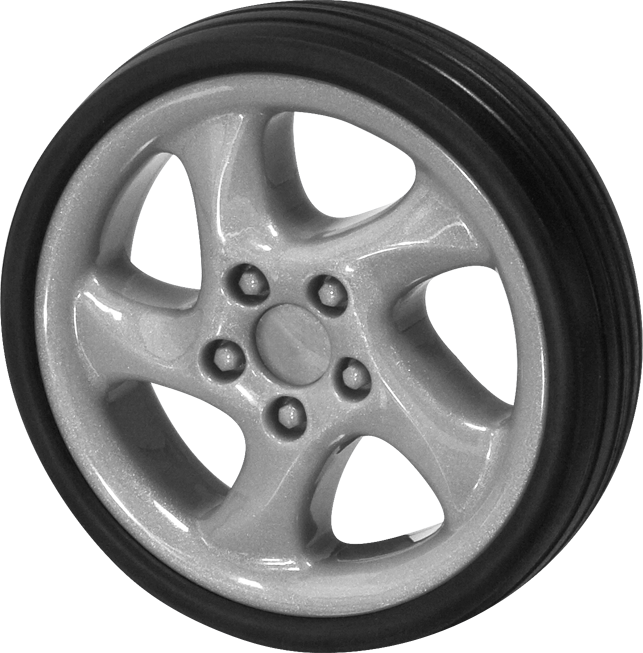 Black wheel with silver five-spoke rim and smooth tread tire on white background