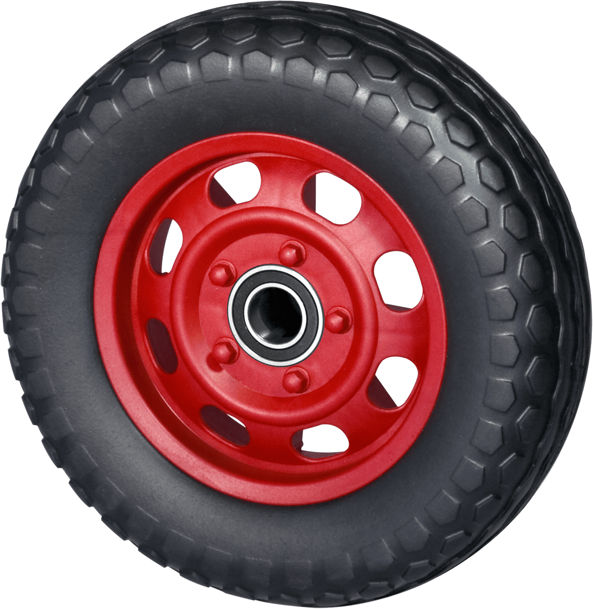 Black wheel with red multi-hole rim, visible ball bearing, and tread on white background