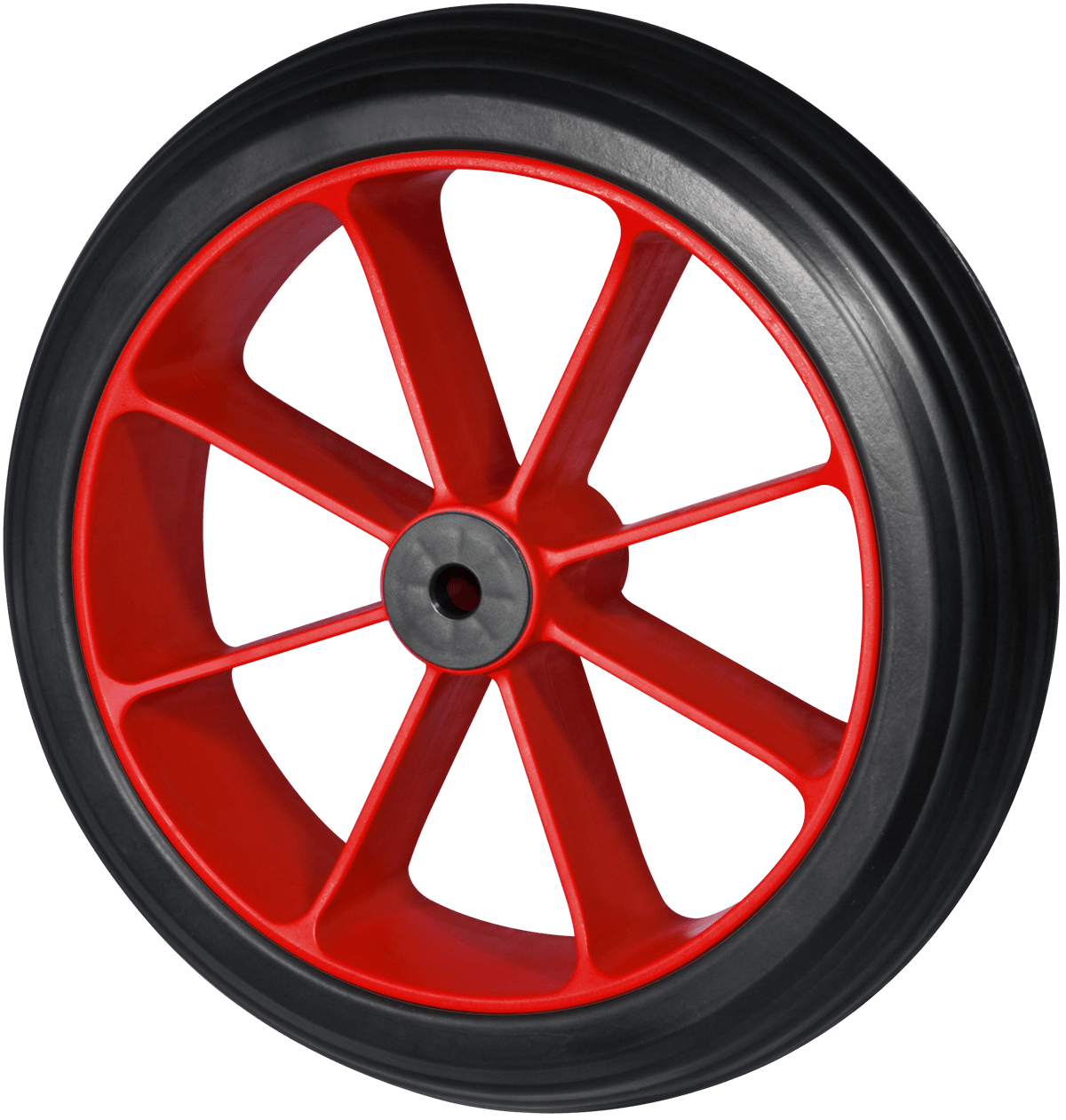 Black wheel with red eight-spoke rim and smooth tread on white background