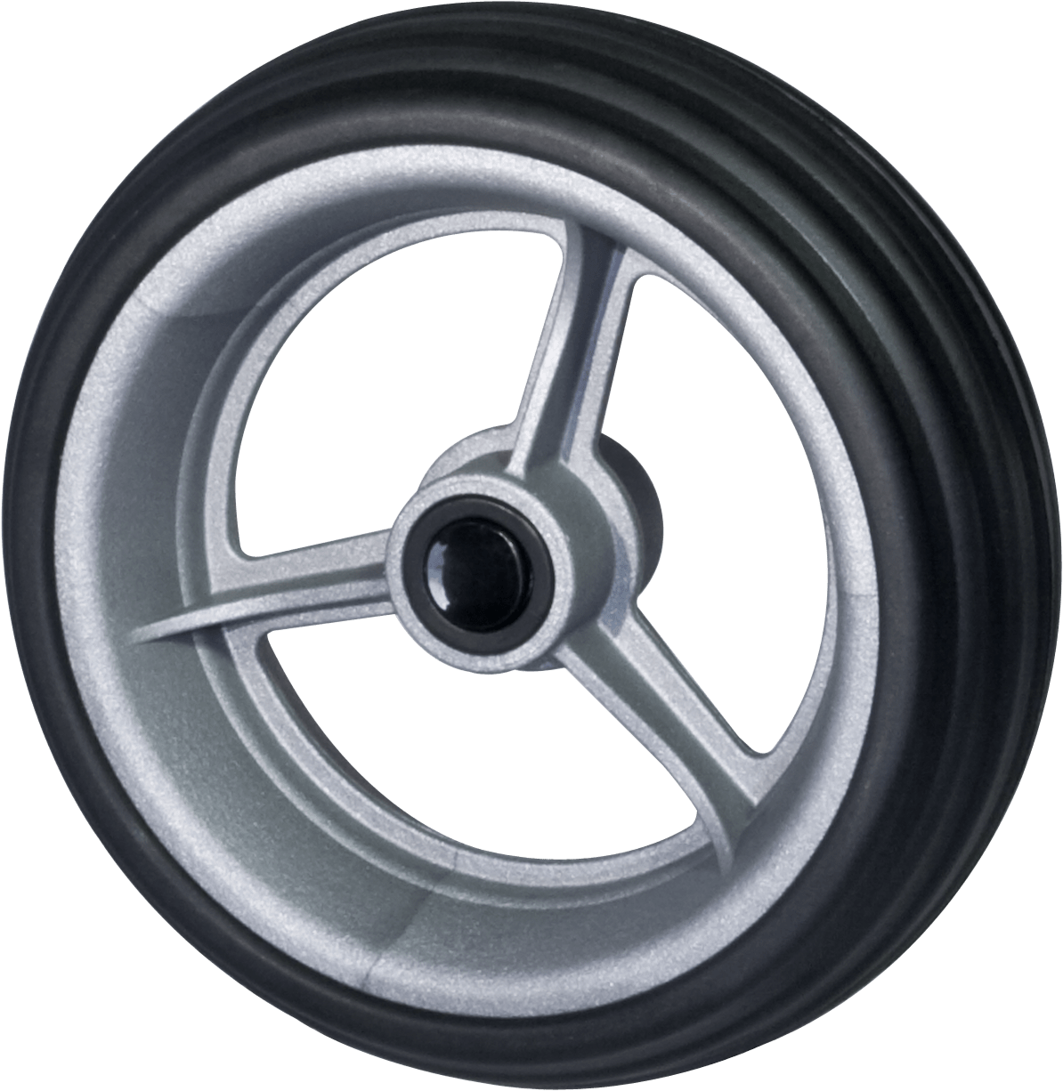 Black golf wheel with silver rim, three narrow spokes, and a ball bearing in the center