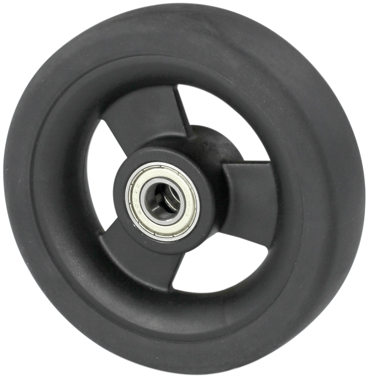 Black TPE/TPU wheel with three spokes and a silver ball bearing in the center