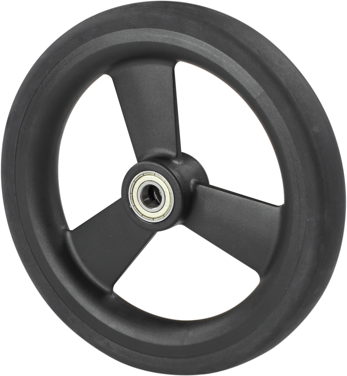 Black TPE/TPU wheel with three spokes and a silver ball bearing in the center