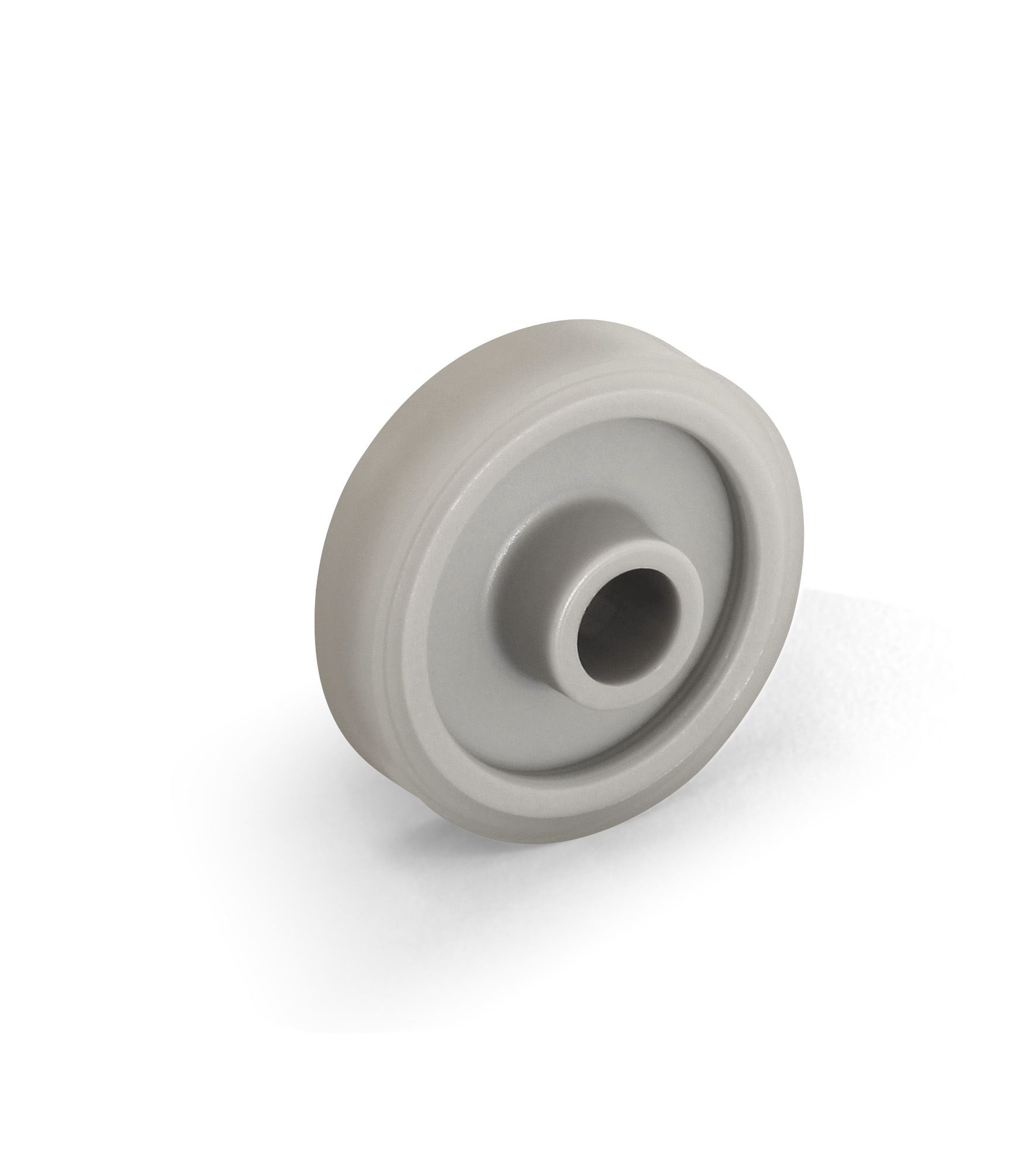 Gray roller with smooth running surface, cylindrical shape, center hole, dimensions Ø 49x24 mm.