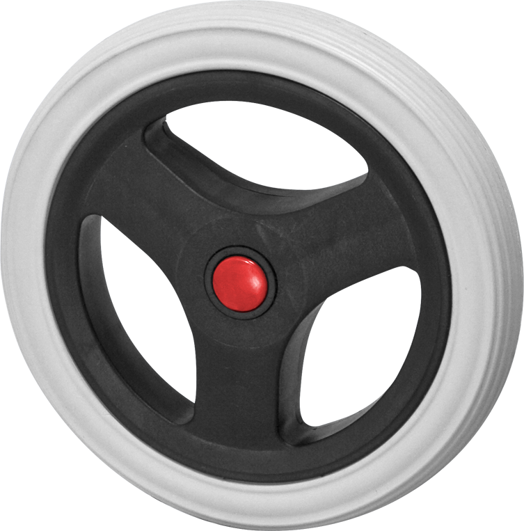 Black wheel with three spokes, red hub cover, and gray tires on a white background