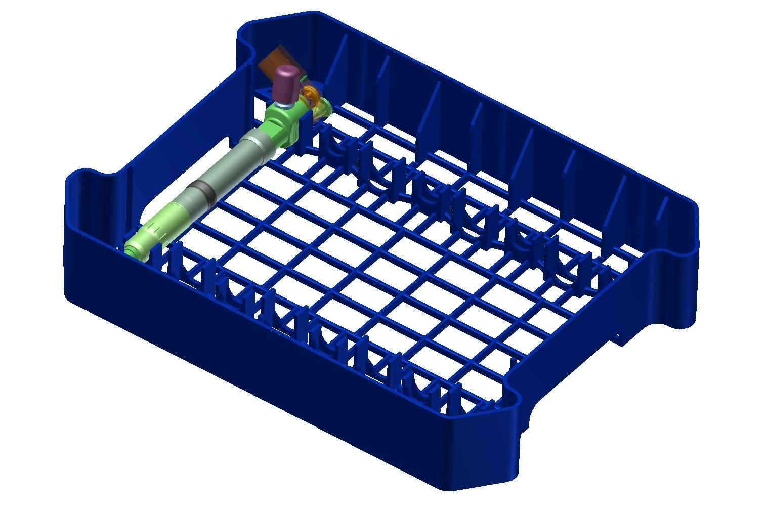 Das Bild zeigt eine Versandverpackung für Injektoren in Blau auf einem weißen Hintergrund